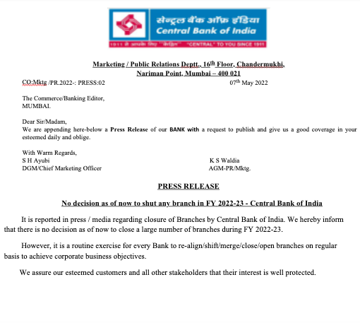 Press release by central Bank of India