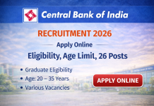 Central Bank of India Recruitment 2026 Apply Online – Eligibility, Age Limit, 26 Posts