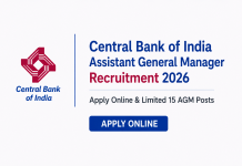 Central Bank of India Assistant General Manager Recruitment 2026 – Apply Online & Limited 15 AGM Posts